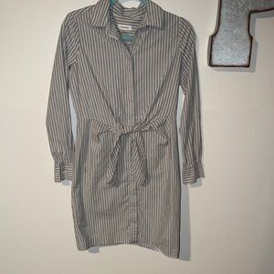 Calvin Klein Gray and White Striped Long Sleeve Dress